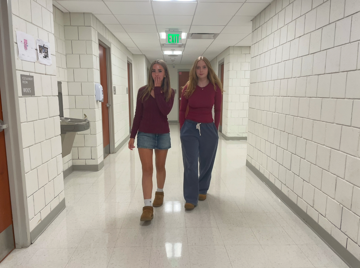Freshmen Lillian Crocker (left) and Sophie Mehegan (right) wear trendy clothing while at school. Lillian wore a basic 2000s outfit, and Sophie wore a clean girl/Brandy Melville outfit.