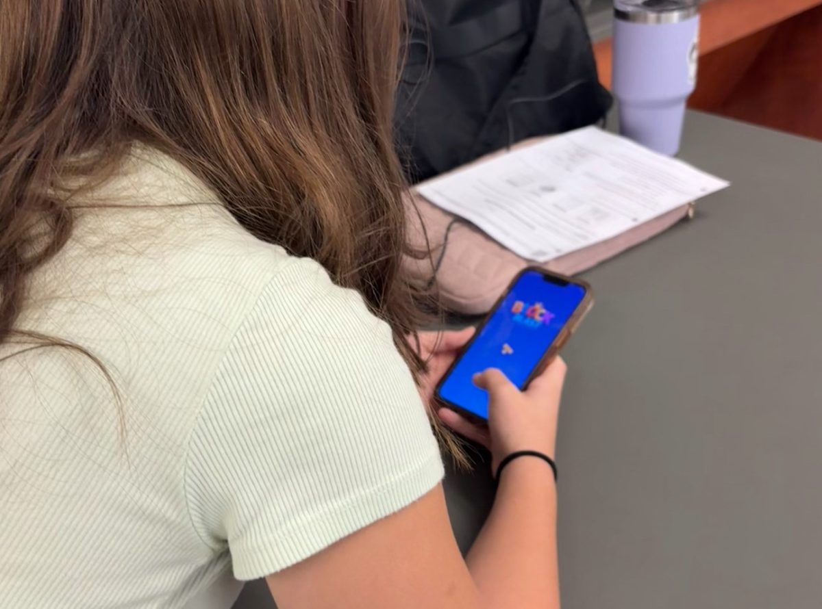 Taylor Carella, a ninth grader at Nonnewaug High School, goes on her phone at the end of class. Students are permitted to take their phones out of classroom pouches prior to leaving for their next class. Phones are only permitted during passing time, study halls, and lunch. 
