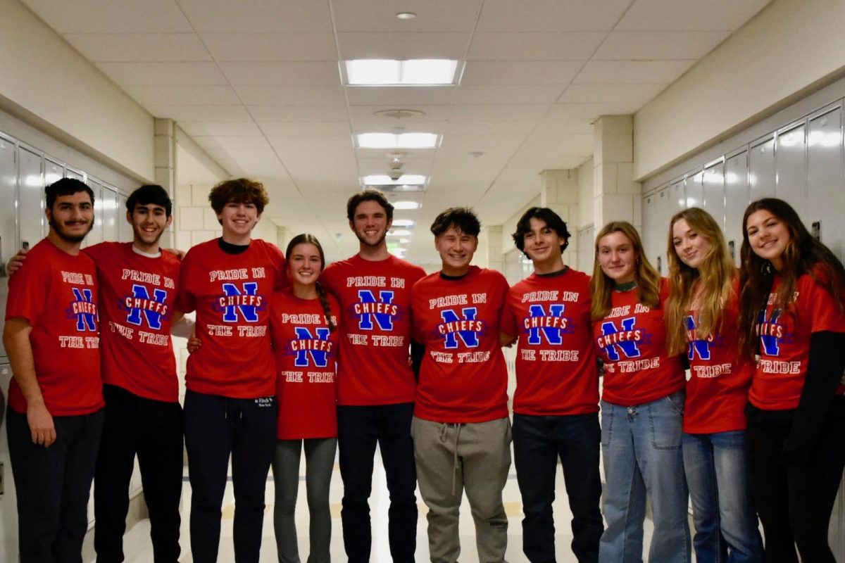 From left: Everett Pierce, Luciano Pedros, Billy Herr, Boe Stokes, Brayden Whipple, Jonathan Cheung, Scott Viveros,  Maia Colavito, Grace Rubacha, and Ella Quinn pose during the annual Red Out on February 7, 2025. Last year’s LLS team led by Whipple and Herr ended in success, as they raised the most money in the state, named student visionaries of CT. (Courtesy of LLS Facebook Page)