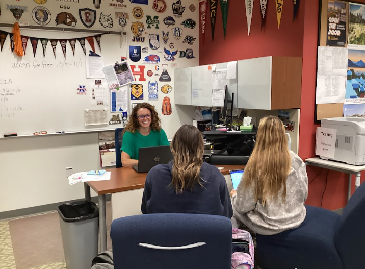 Kathy Green helps Nonnewaug seniors in the College and Career Resource Center. The College and Career Resource Center plays a big role in helping students decide on their college and or careers.