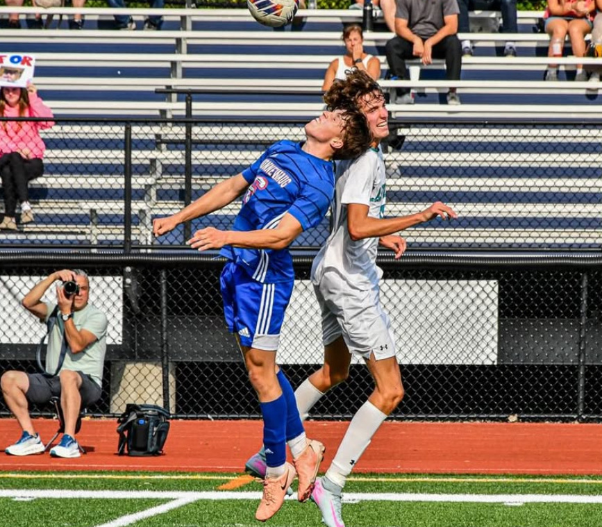 Senior Jake Cenatiempo attempts a header in game VS Lakeview on September 5th. The Chiefs won this game 2-0 and have continued to pick up key wins like last Saturday's overtime victory at Shepaug. 