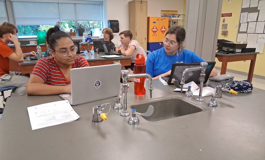 AP Biology students Mum Alam and Rachel Kalmanovsky complete an osmosis lab on chromebook. The materials for a hands-on experiment were unavailable.