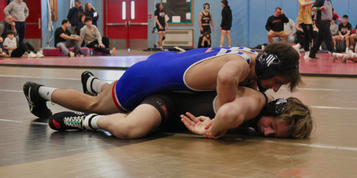 Sean Crawfrod (top) wrestling New Fairfield at the team duals during the 2024-2025 season. Crawford is one the team’s key members returning this year. 