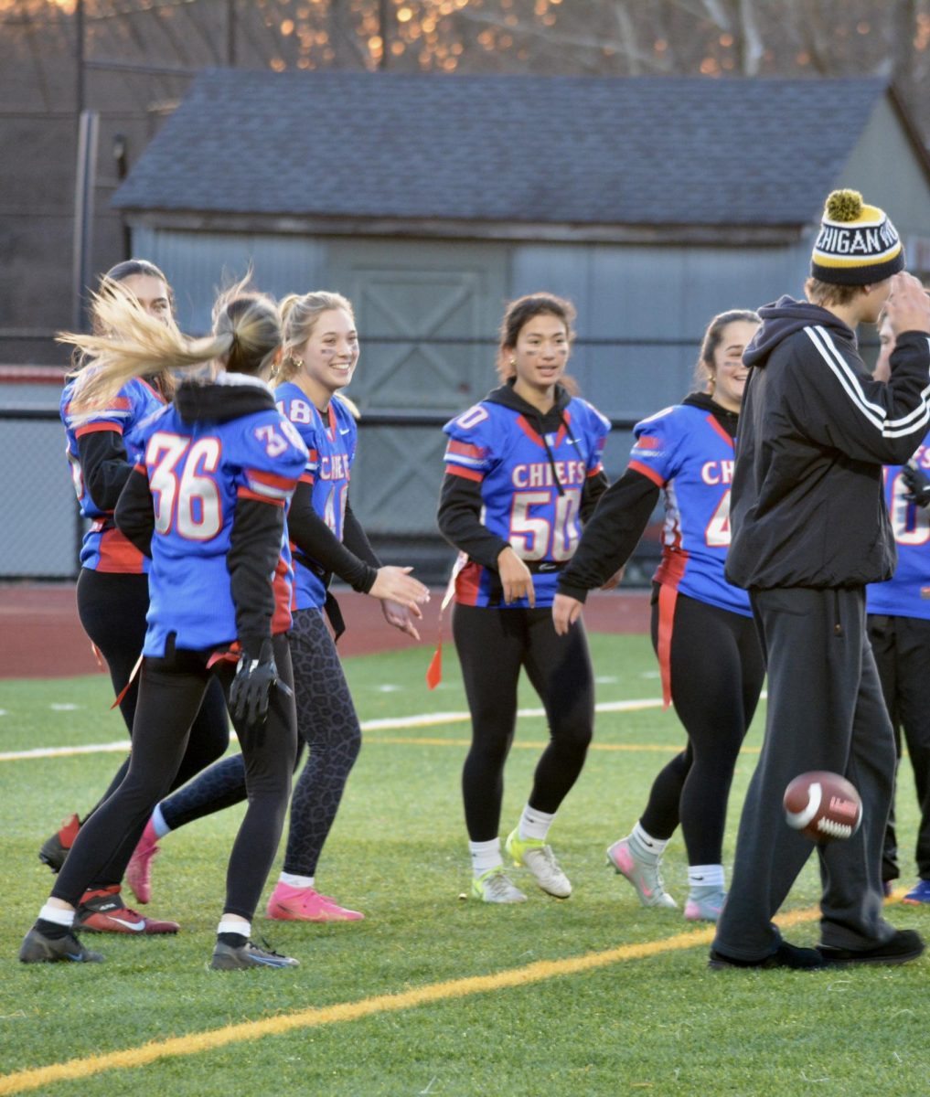 Seniors celebrate after scoring a touchdown. Unfortunately this wasn't enough after the juniors managed to beat them 28-22. 