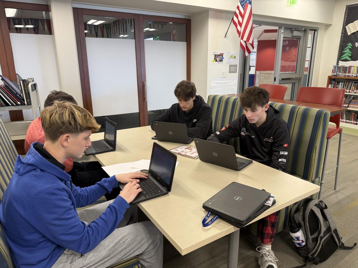 Ethan Butkus (left) and the two on the right, Luke Lodice, and Gray Leveille all try to get their work done in study hall. As their motivation decrease, the work increases. 