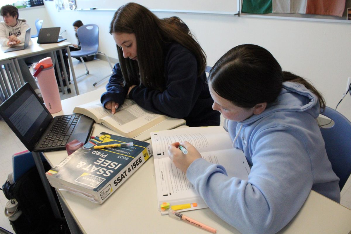 Students in their Tribe class work together on SAT practice problems to help prepare them for the test on April 1st. In the 2025-26 school year, Nonnewaug has implemented significantly more SAT prep for students to help them achieve higher scores.
