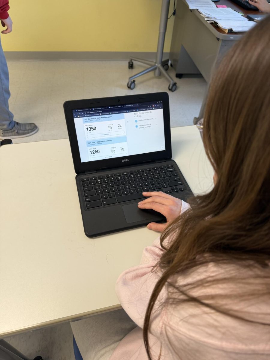 Senior Katie Savulak checks her SAT scores. Because of the pressure to do well, Katie took the SAT multiple times.