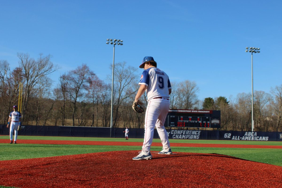 Nonnewaug senior Tyler DiElsi gets ready to pitch at Eastern Connecticut State University against Housatonic Regional, April 9th, 2026. Nonnewaug beat Housatonic 7-3, and have two wins and no losses so far in the season.