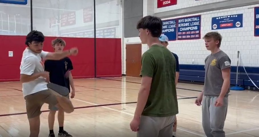 Students play hack sack in the gym during a free period before it was banned throughout the school. 